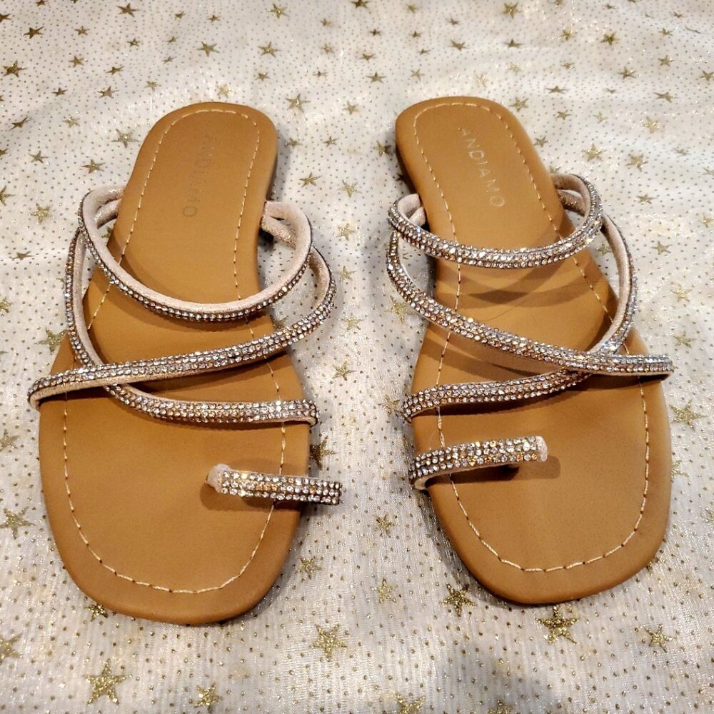 ANDIAMO Sandals Flat Strappy with Bling Rhinestones ~ Size 5 1/2 M